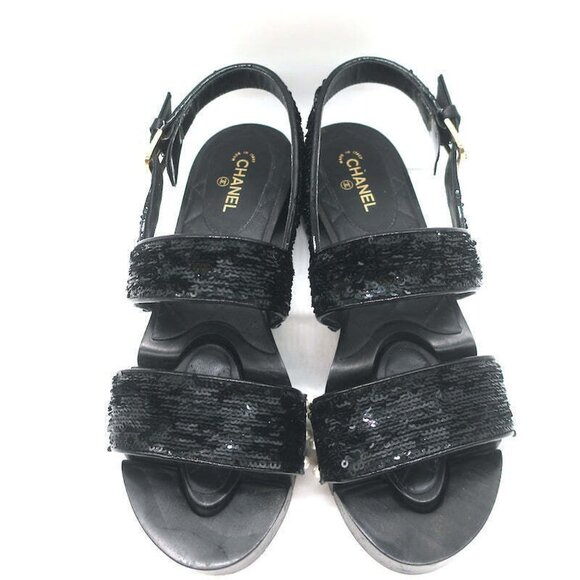 Chanel 16C Sequin Slingback Sandals Black Size 38.5 - Picture 4 of 12